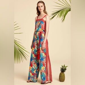 Miguelina Electra Lace-Trimmed Printed Linen Jumpsuit Size M